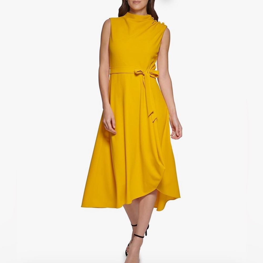 DKNY Yellow sleeveless Midi Dress with Side Tie